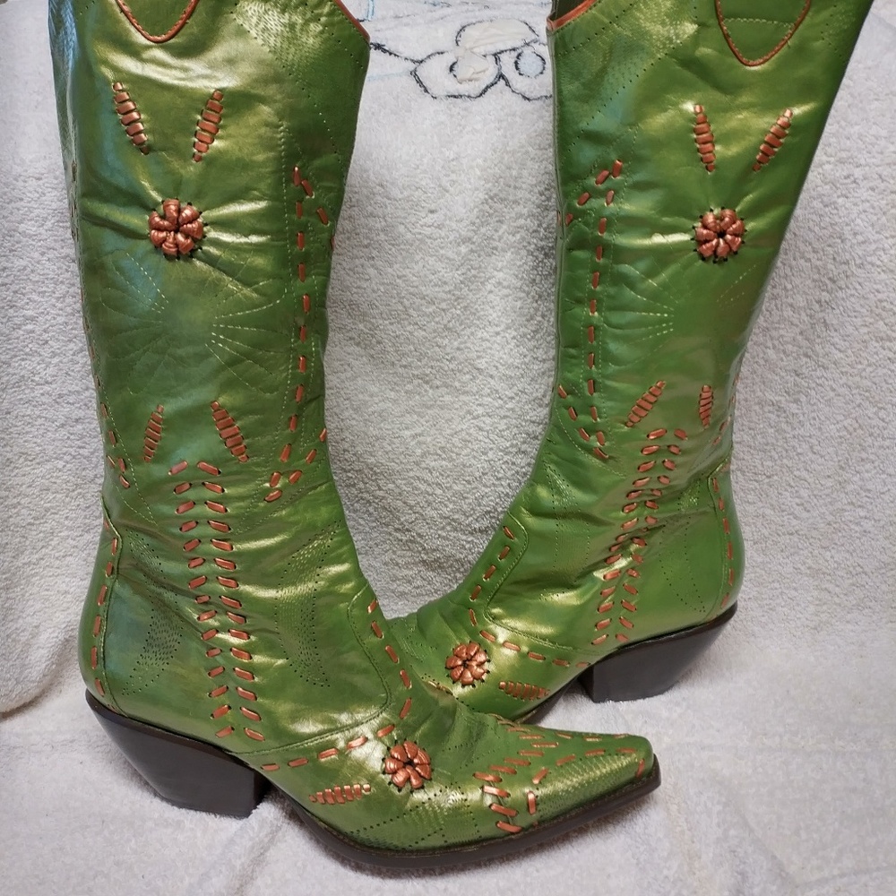 Green BCBG Boots with Copper Trim